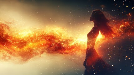 Obraz premium Fiery Woman Silhouette Mystical Energy Fantasy Art Abstract Background