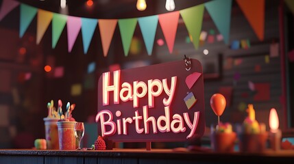 Festive "Happy Birthday" paper cutout letters with colorful pennants hanging across the top, bright and cheerful lighting, realistic paper textures, detailed shadows, hd quality. --ar 16:9