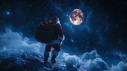 Santa Carrying a Sack of Presents Across a Starry Sky, With a Bright Moon and Ample Dark Space Around for Christmas Wishes, Family Holiday Cards, or Marketing Copy