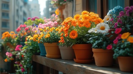 A cozy wooden balcony filled with colorful flower pots of daisies, geraniums, and pansies, captured in 4K.