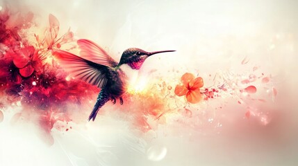 Hummingbird in Flight Red Flowers Abstract Art Nature Design