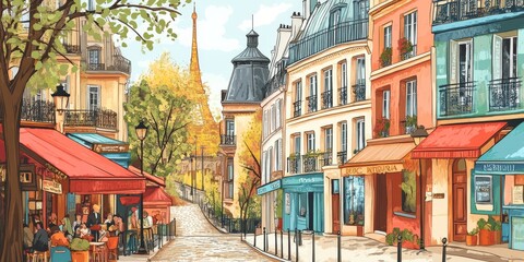 Fototapeta premium A colorful drawing showing charming streets in Paris.