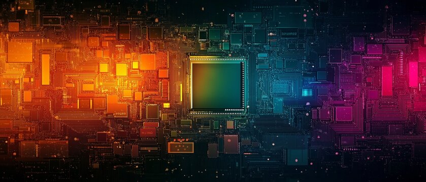 A colourful microchip representing innovation and contemporary technology with vivid circuitry on a black background.