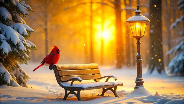 A solitary cardinal perches on a snow-covered park bench, bathed in the golden glow of a winter sunset, as a lamppost stands sentinel nearby.