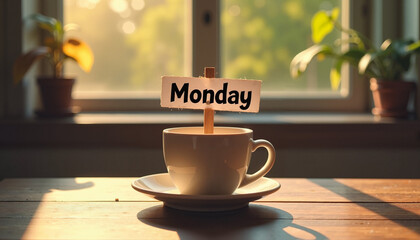 Coffee Cup with Monday Sign in Morning Light
