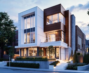 Fototapeta premium Modern Toronto home with white frames and wood details at twilight.