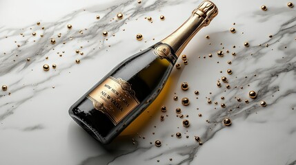 A detailed 3D rendering of a champagne bottle with a golden New Year label, floating on white