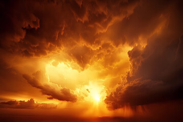 Obraz premium Sun setting behind a line of thunderstorms on the horizon, dramatic weather, contrast of light and dark