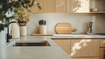  Stylish home kitchen interior with sink and stove, kitchenware. Empty space 