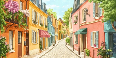 Fototapeta premium A colorful drawing showing charming streets in Paris.