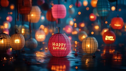 Happy Birthday in colorful paper cutout letters with floating lanterns in various colors illuminating the scene, subtle shadowing, intricate textures, festive and magical, hd quality. --ar 16:9