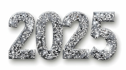 "2025" shaped with silver glitter dust, creating a shiny, celebratory effect. Isolated on White Background