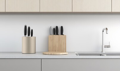  Stylish home kitchen interior with sink and stove, kitchenware. Empty space 