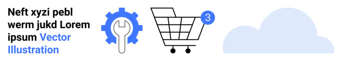 Gear with wrench, shopping cart with notification, and cloud icon. Ideal for e-commerce, online services, cloud computing, notifications, tech support, digital marketing. Landing page
