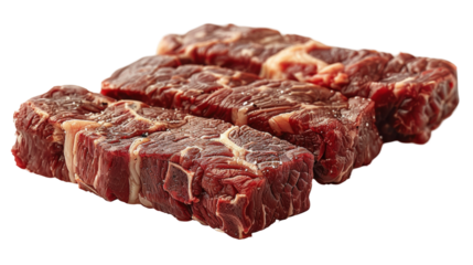 Raw beef cuts, rich marbling, fresh butcher display, ready for cooking or grilling, premium quality meat selection. Isolated on white background or PNG