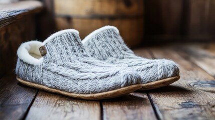 Winter slippers with knitted upper and fleece lining, rustic wooden floor