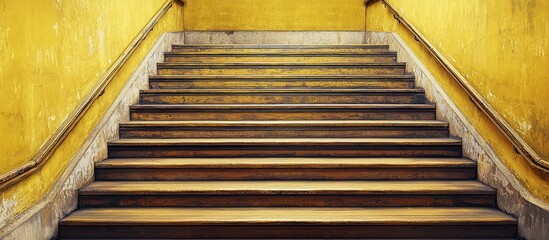 Creative mockup space in subway, mustard wall with vintage stairs.