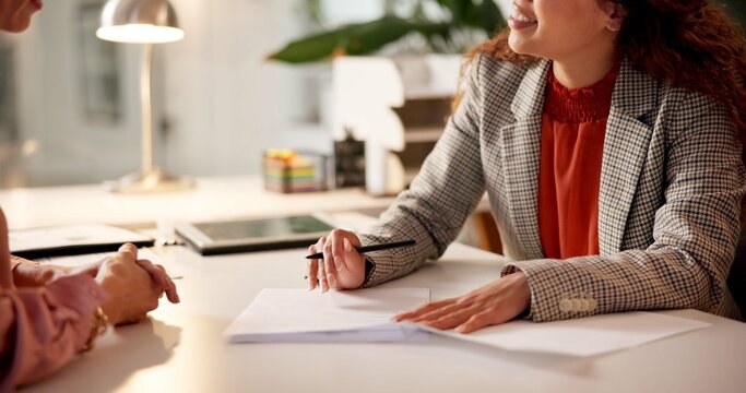 Contract, woman and hands of advisor for interview, information or document for job application. Advice, client or human resource agent with paperwork for registration, opportunity or deal agreement