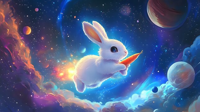 A cosmic rabbit floating in space, holding a glowing, galactic carrot with stars and planets in the background - Powered by Adobe