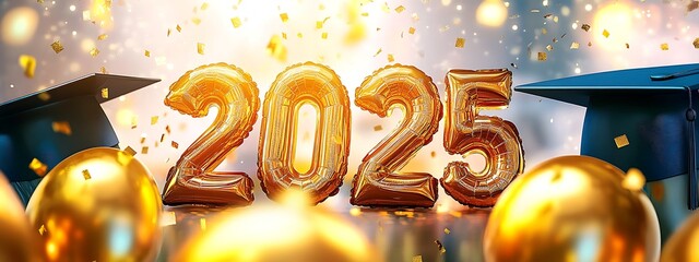  Graduation caps and golden balloons surround the shimmering year 2025, creating a festive atmosphere adorned with sparkling confetti 