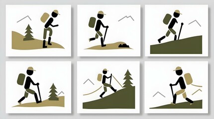 Obraz premium set of silhouettes of stick figure in various hiking poses