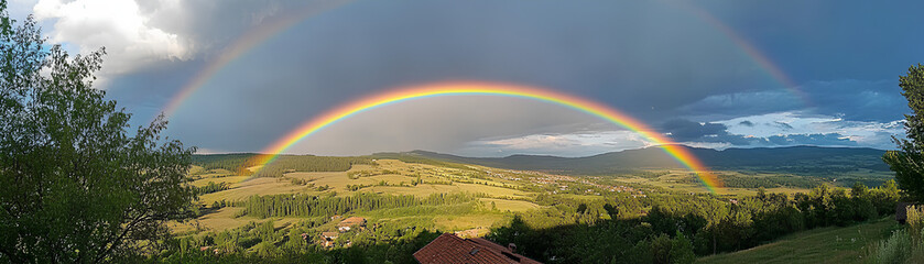 Obraz premium Bright rainbow over a rural landscape after a rainstorm, colorful weather, hope and renewal