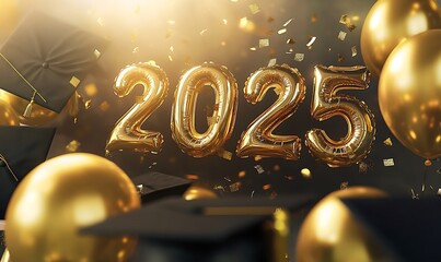 Graduation caps and golden balloons surround the shimmering year 2025, creating a festive atmosphere adorned with sparkling confetti 