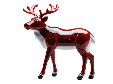 A mini reindeer figurine with antlers and red nose on transparent or white background