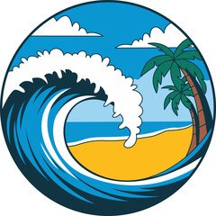 tropical island with wave, palm trees and sea