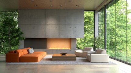  Home interior with sofa and armchairs, coffee table and fireplace near window 