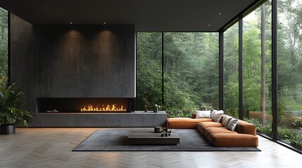  Home interior with sofa and armchairs, coffee table and fireplace near window 