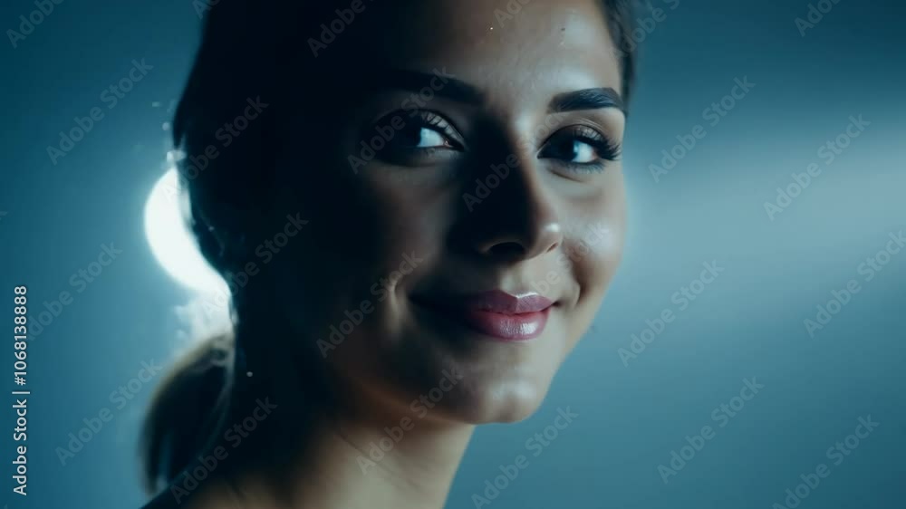 Poster camera movement and zoom effect with cool ambient lighting showcasing a model with freckles and mini