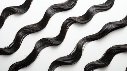 Elegant wavy strands of smooth black hair arranged artistically on a plain backdrop for a detailed texture display