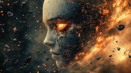 A close-up of an AI robot's face, half made from circuitry and the other half human-like with glowing eyes, set against a backdrop of falling debris in space