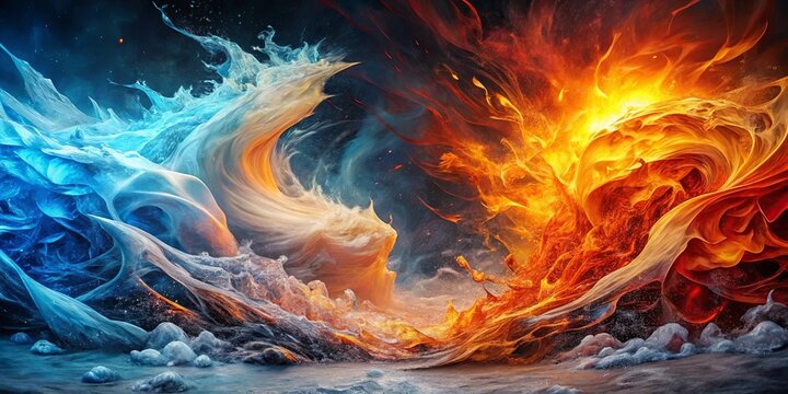 Abstract dance of ice and fire, a swirling collision of opposing forces, where frozen tendrils meet fiery waves in a mesmerizing symphony of colors and textures.