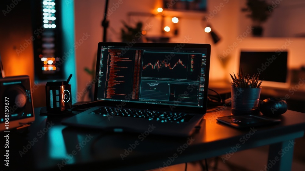 Poster coding on laptop with holographic charts