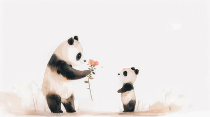 Tender Moment Between Mother Panda and Cub in Watercolor Illustration