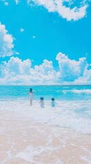 Children playing by the ocean under a bright blue sky with fluffy clouds.