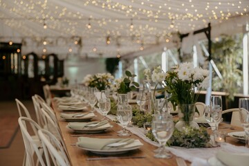 Elegant wedding table setting with flowers and glasses, perfect for a romantic celebration