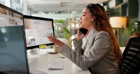 Computer, phone call and planning with business woman in office of advertising agency for magazine...