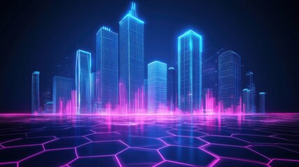 Fototapeta premium Futuristic Neon Cityscape with Dome and Wireframe Elements