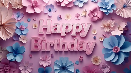 3D "Happy Birthday" paper cutout letters with a pastel background, layered paper flowers in soft hues surrounding the text, detailed textures, gentle lighting, hd quality. --ar 16:9