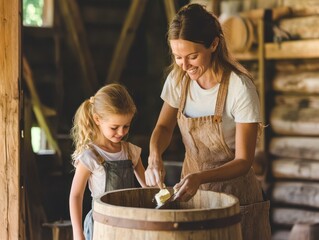 A mother and daughter joyfully engage in a creative woodworking project, using a barrel in a rustic workshop environment.