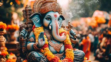 Obraz premium Vibrant Lord Ganesha Statue Adorned with Marigolds during Festival Celebrations