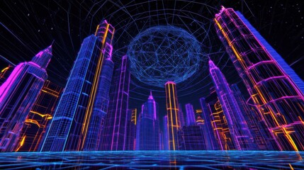 Neon Hexagonal Landscape of Futuristic City Towers