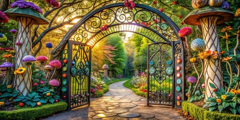 A whimsical pathway through a magical garden, leading to a wrought-iron gate adorned with colorful details, offering a glimpse into an enchanted world.