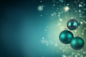 Christmas background with snowflakes, fir branches, and red ornaments on a dark blue tabletop view 