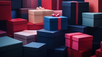 A vibrant collection of colorful gift boxes stacked together, showcasing varied shapes and sizes, adorned with ribbons.