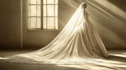 Elegant Side View of a Wedding Dress in Soft Light