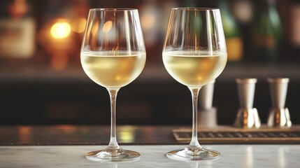 Two glasses of white wine on a bar hospitality and drinks concept selective focus on a glass of wine in the front refreshing chilled drink